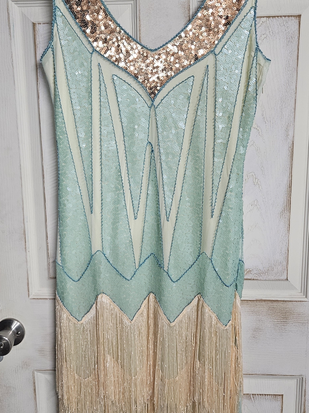 Fundaisy Mint Sequin Fringe Dress with Gold Accents 1920 Inspired